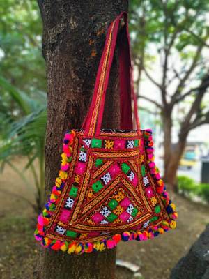 Kutch Embroidered Banjara Tote Bag With Multicolored Pompoms All Around With Non Adjustable Strap 2