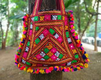 Kutch Embroidered Banjara Tote Bag With Multicolored Pompoms All Around With Non Adjustable Strap 3