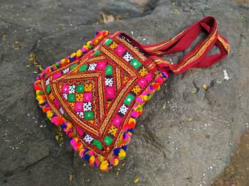 Kutch Embroidered Banjara Tote Bag With Multicolored Pompoms All Around With Non Adjustable Strap 4