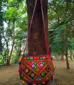Real Mirror Worked Matka Shaped Kutch Embroidered Banjara Jhola Bag With Multicolored Pompoms All Around