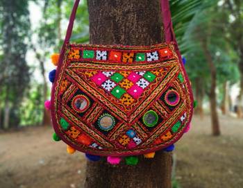 Real Mirror Worked Matka Shaped Kutch Embroidered Banjara Jhola Bag With Multicolored Pompoms All Around 3