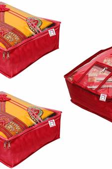 atorakushon   Satin Saree Cover Blouse Clothes Storage Bag Wardrobe Garments Organiser Set of 3 (Maroon)