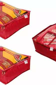 atorakushon   Satin Saree Cover Blouse Clothes Storage Bag Wardrobe Garments Organiser Set of 3 (Maroon)