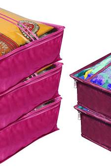 atorakushon   Satin Saree Cover Blouse Clothes Storage Bag Wardrobe Garments Organiser Set of 5 (Purple)