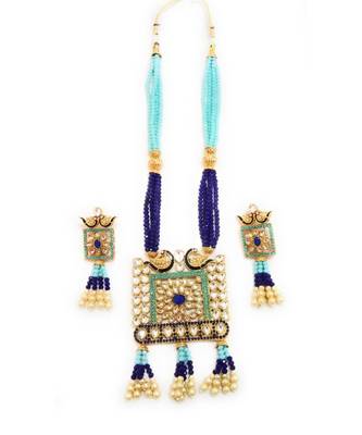 Blue Firozi Designer Ethnic Peacock Premium Quality Square Kundan Pendent Necklace Set For Women 1