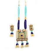 Blue Firozi Designer Ethnic Peacock Premium Quality Square Kundan Pendent Necklace Set For Women
