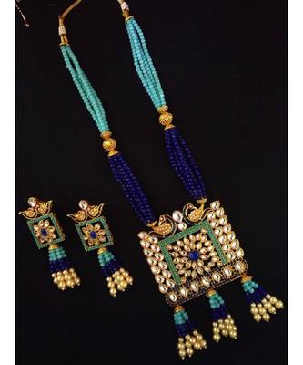 Blue Firozi Designer Ethnic Peacock Premium Quality Square Kundan Pendent Necklace Set For Women 2