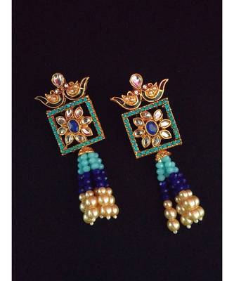 Blue Firozi Designer Ethnic Peacock Premium Quality Square Kundan Pendent Necklace Set For Women 3