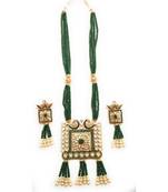 Green Designer Ethnic Peacock Premium Quality Square Kundan Pendent Necklace Set For Women