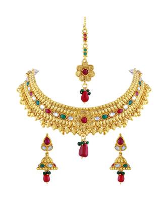 Gold Tone Choker Style Necklace Set With Mangtikka 1