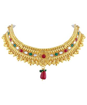 Gold Tone Choker Style Necklace Set With Mangtikka 4