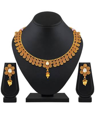 Traditional Gold Plated Choker Style Copper Necklace Set For Women 2