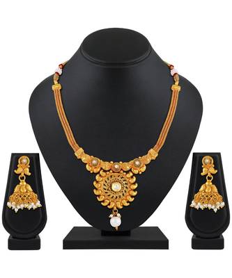 Traditional Gold Plated Choker Style Copper Necklace Set For Women 1