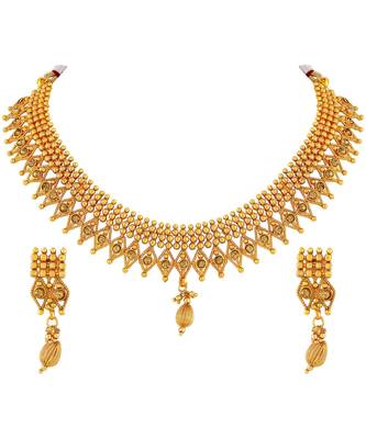 Traditional Designer Gold Plated Choker Style Copper Necklace Set For Women 3