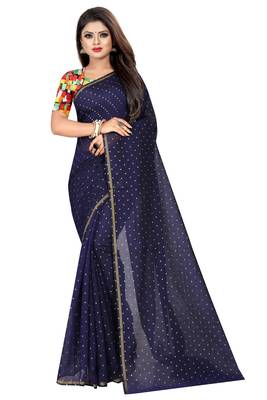 Navy blue printed chanderi saree with blouse 1