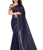 Navy blue printed chanderi saree with blouse