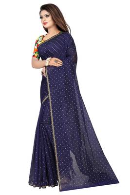 Navy blue printed chanderi saree with blouse 2