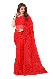 Red Embroidered Net Saree With Blouse