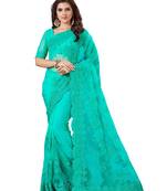 Turquoise Embroidered Net Saree With Blouse
