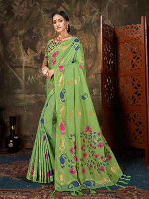 Green woven cotton saree with blouse 1
