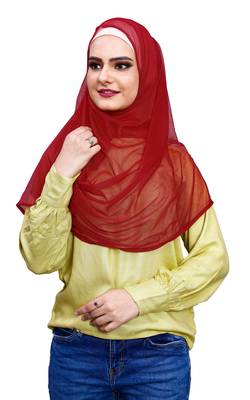 Justkartit Occasion Wear Red Color Soft Net Lycra Stitched Hijab Scarf For Women (To Be Worn On Hijab Cap) 3