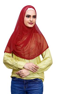 Justkartit Occasion Wear Red Color Soft Net Lycra Stitched Hijab Scarf For Women (To Be Worn On Hijab Cap) 4