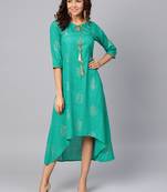 Teal printed cotton long-kurtis