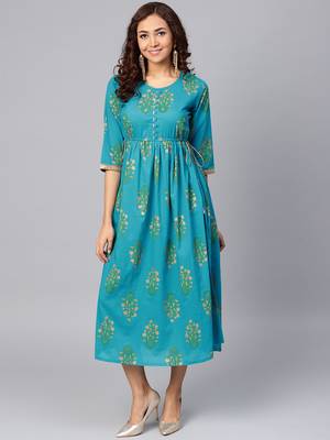Sky-blue printed cotton long-kurtis 1