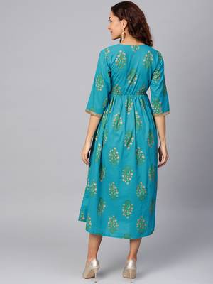 Sky-blue printed cotton long-kurtis 2