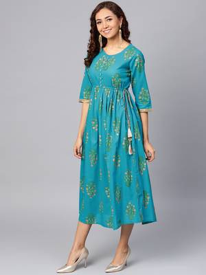 Sky-blue printed cotton long-kurtis 3