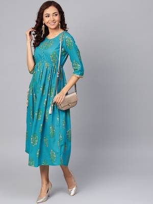Sky-blue printed cotton long-kurtis 4