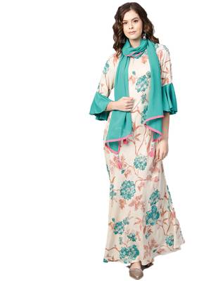 Teal printed rayon long-kurtis 1
