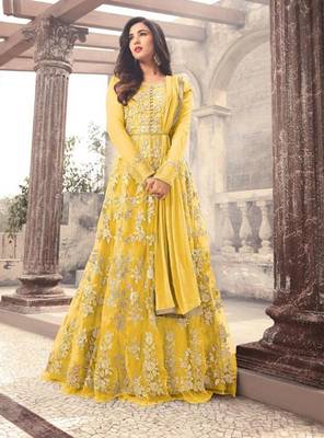 Yellow embroidered net Anarkali suit  1