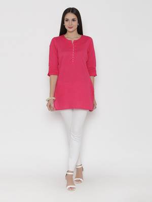 Dark-pink plain cotton long-kurtis 1