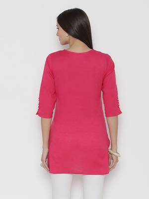 Dark-pink plain cotton long-kurtis 2
