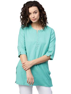 Green plain cotton long-kurtis 1