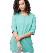Green plain cotton long-kurtis