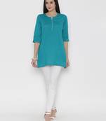 Teal plain cotton long-kurtis