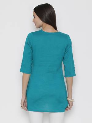 Teal plain cotton long-kurtis 2