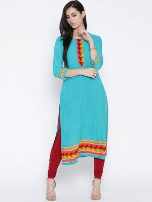 Teal printed liva long-kurtis 1