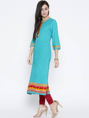 Teal printed liva long-kurtis 3