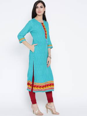 Teal printed liva long-kurtis 4