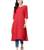 Red plain cotton long-kurtis