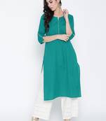 Teal plain cotton long-kurtis