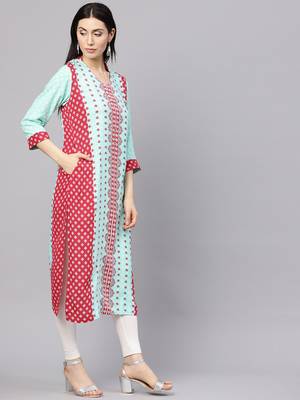 Teal printed liva long-kurtis 4