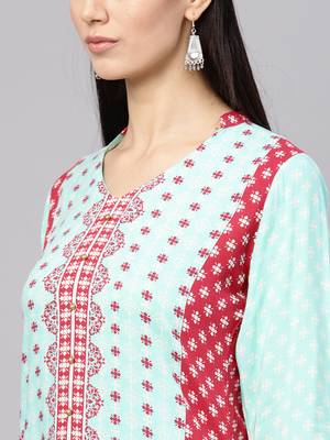 Teal printed liva long-kurtis 5