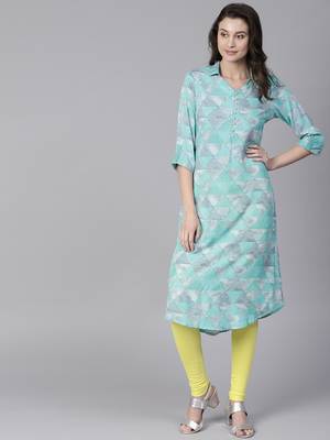 Teal printed liva long-kurtis 1