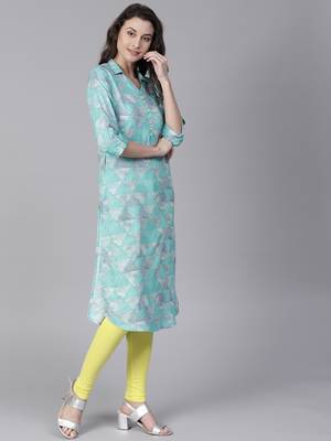 Teal printed liva long-kurtis 4