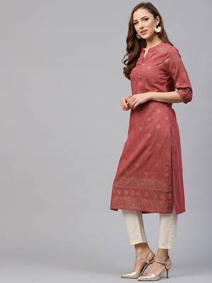 Red printed polyester long-kurtis 3