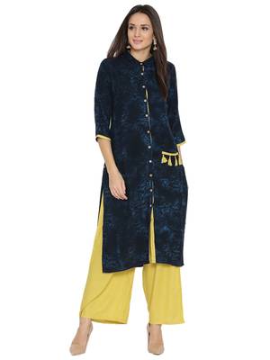 Navy-blue printed liva long-kurtis 1